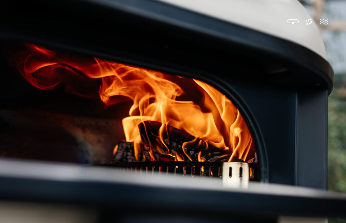 Gozney Dome oven, wood fire in the mouth